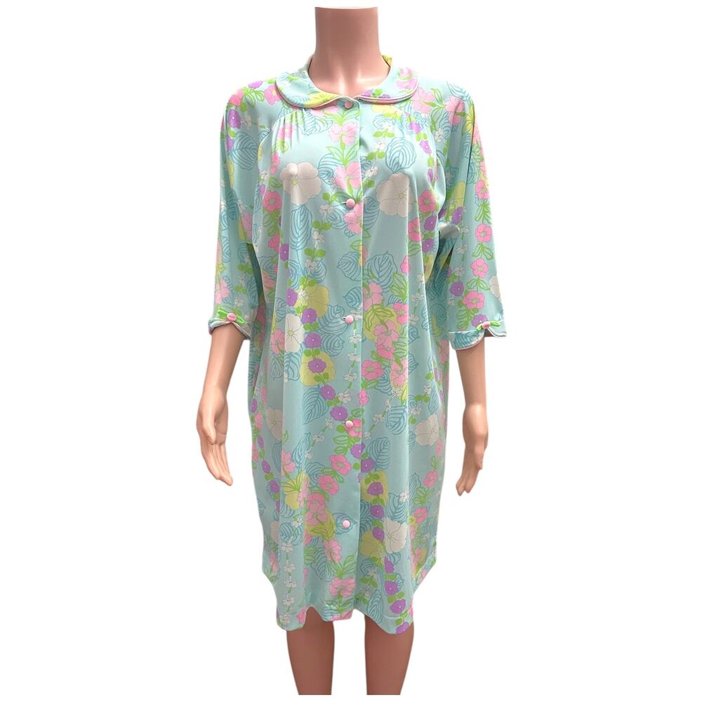Vintage 70s Lorraine Floral Snap Front Nylon Housecoat Robe Lounge Dress Medium